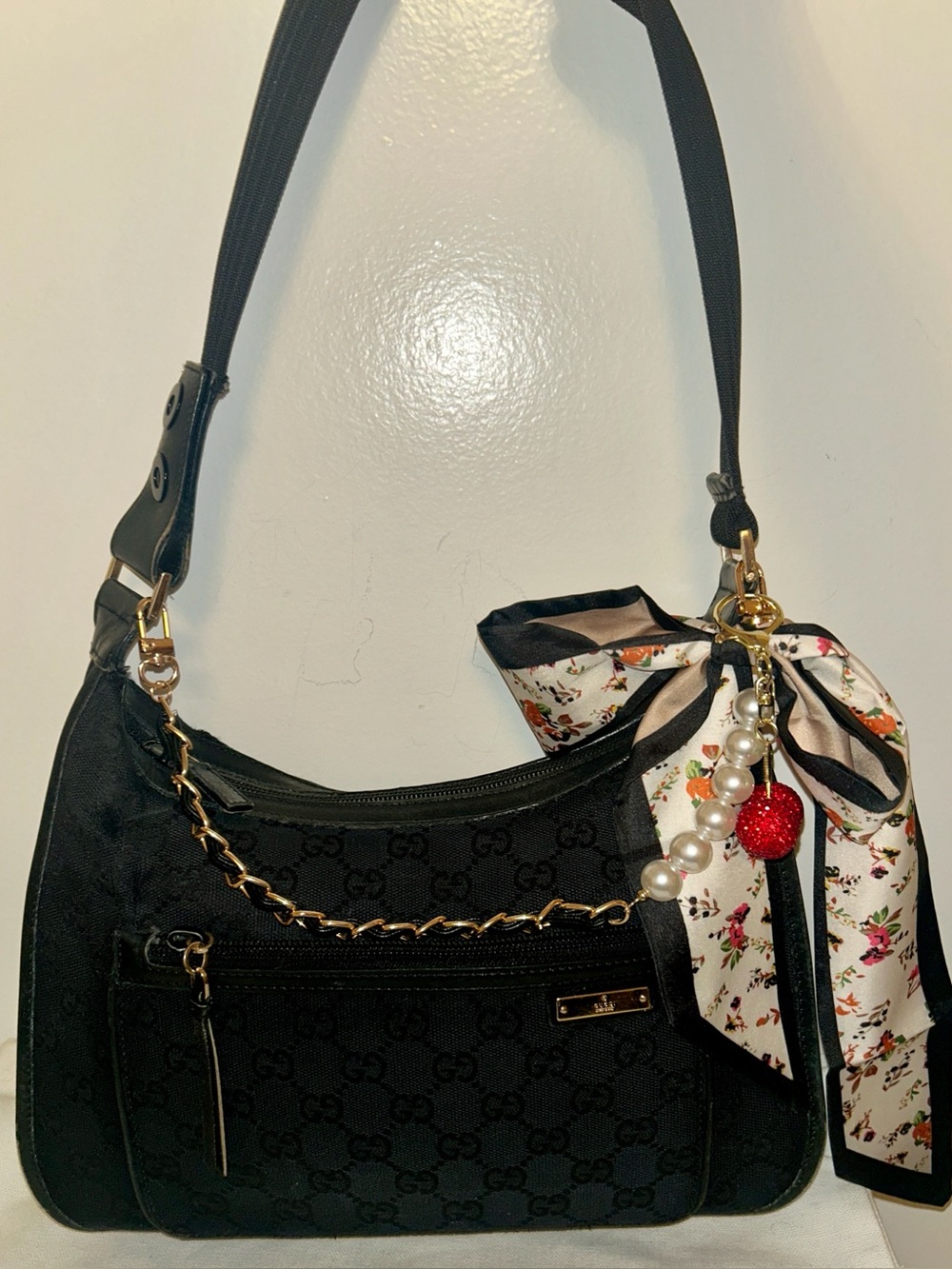 Gucci GG Canvas Black Shoulder Hobo with Gold Chain and Scarf Charm